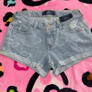 Hollister Women's Heart Patterned Light Blue Jean Shorts